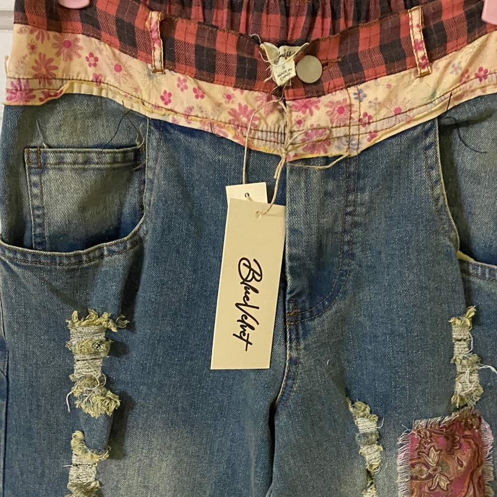 NWT Boho Patchwork Wide Leg Jeans | Floral Plaid Mixed Media Denim - Picture 2 of 9